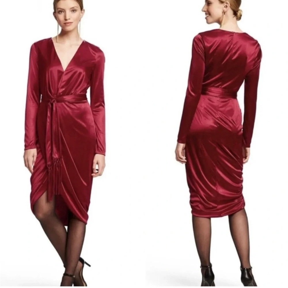 Altuzarra for Target Burgundy Red Long‎ Sleeve Satin Faux Wrap Midi Dress Sz 12